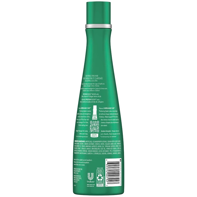 Shampooing Anti-cassures pour cheveux fins et clairsemés Nexxus Unbreakable Care™ avec kératine, collagène, biotine