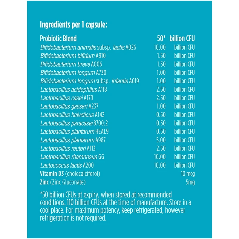 santé intestinale évoluée système immunitaire avec vitamine D et zinc, 50 milliards d’UFC, 15 souches diverses, végétalien, capsule à libération retardée