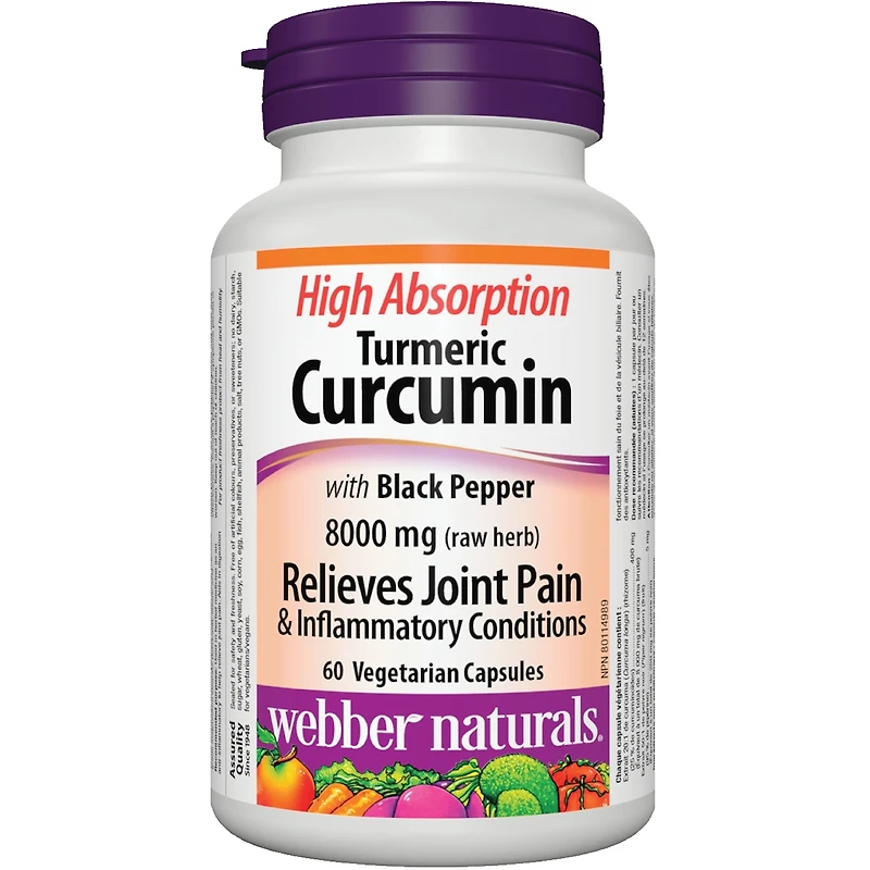 Curcumine de curcuma à absorption élevée avec poivre noir 8 000 mg (plante brute)