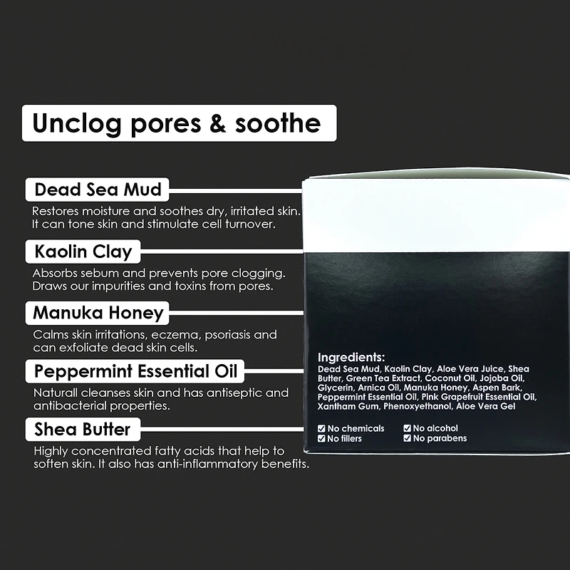 Masque de Boue de la Mer Morte pour le Nettoyage des Pores, Traitement de l'Acné, Anti-Vieillissement