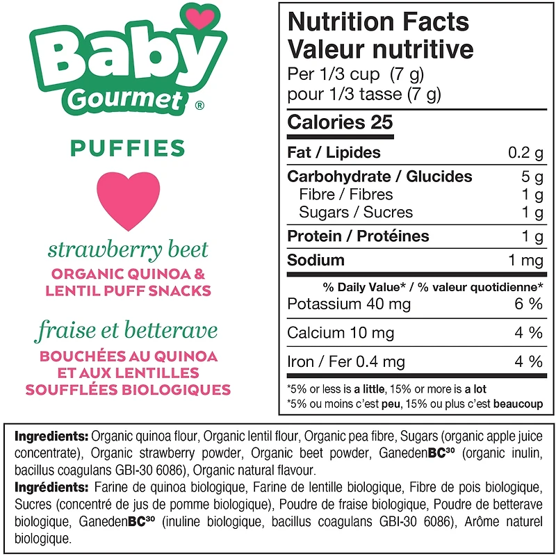 Bouchées au quinoa et aux lentilles soufflées biologiques fraise et betterave pour bébé de Baby Gourmet