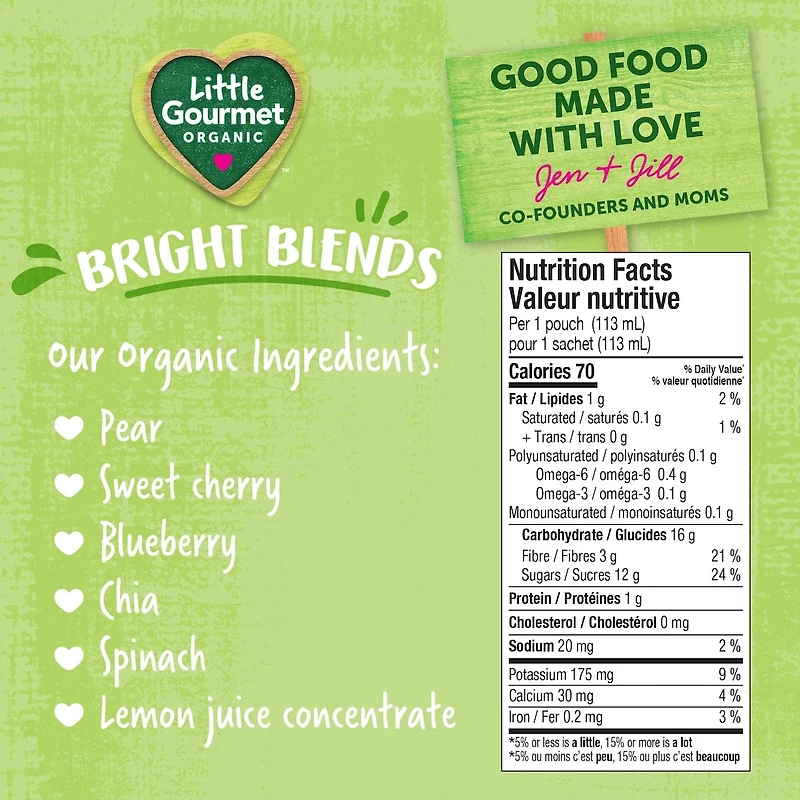 Little Gourmet Organic Toddler Snack Bright Blends Pear Cherry Spinach Chia