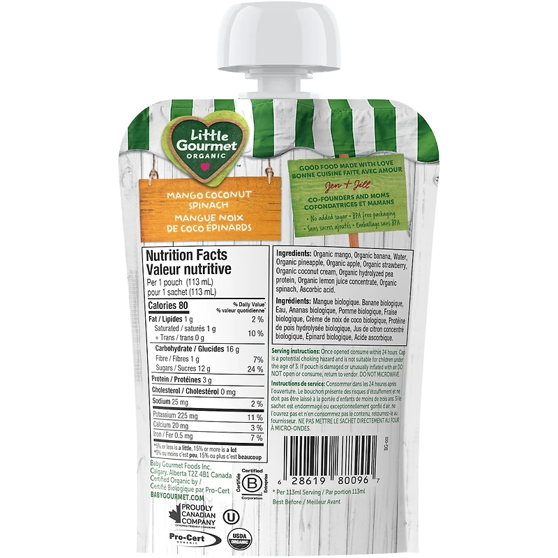 Collation biologique pour tous-petits mangue noix de coco épinards de Little Gourmet