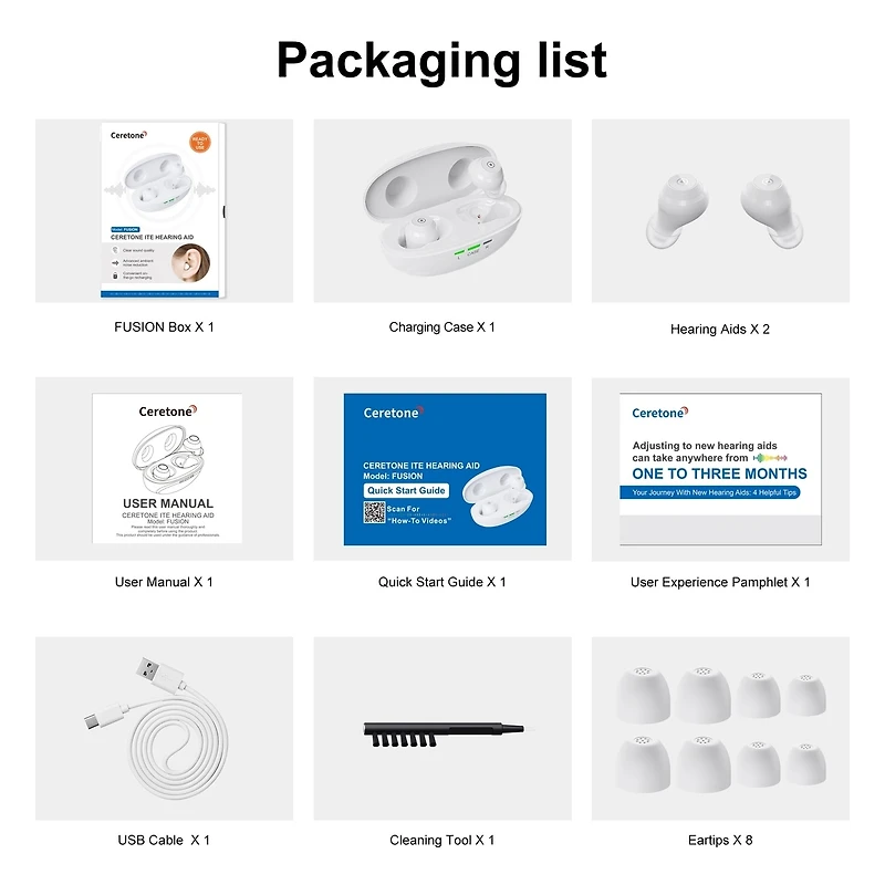 Ceretone Fusion Rechargeable In-The-Ear (ITE) Hearing Aids – Comfortable Design, Nearly Invisible,  6-Level Volume Control, 4 Preset-program