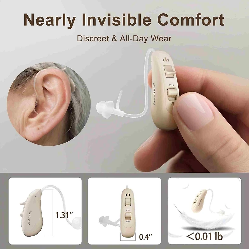 Ceretone Solid Rechargeable Behind-the-Ear (BTE) Hearing Aids - Premium Comfort Design and Nearly Invisible, Easy Handling, Noise Cancellation