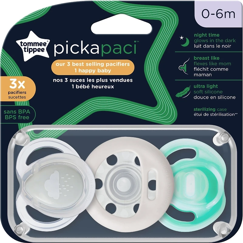 Tommee Tippee Pickapaci, ensemble de 3 sucettes pour bébés de 0 à 6 mois comprenant une sucette en forme de sein, une sucette en forme de sein pour la nuit et une sucette ultralégère