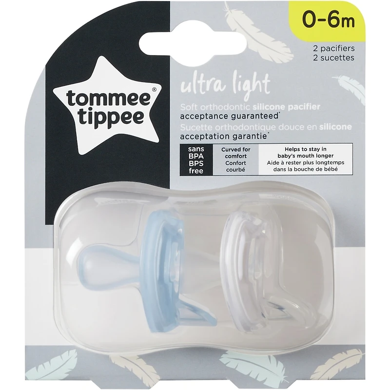 Tommee Tippee Ultra-Light Silicone Pacifier, Symmetrical Orthodontic Design, BPA-Free, One-Piece Design – 0-6m, 2pk