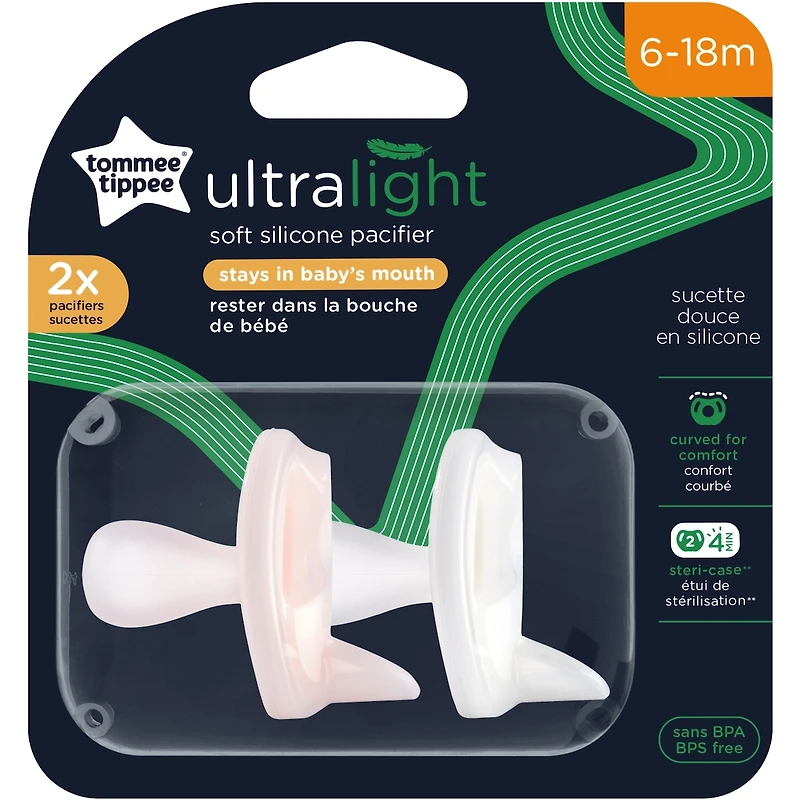 Ultra-light Pacifiers, 6-18 months,  2 pack of  one piece silicone, BPA free pacifiers