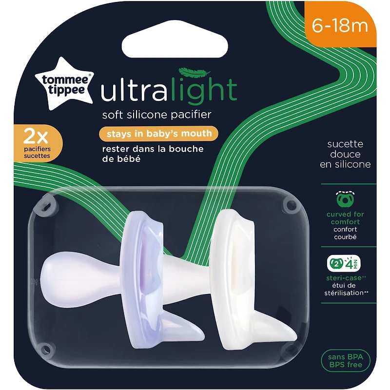Ultra-light Pacifiers, 6-18 months,  2 pack of  one piece silicone, BPA free pacifiers