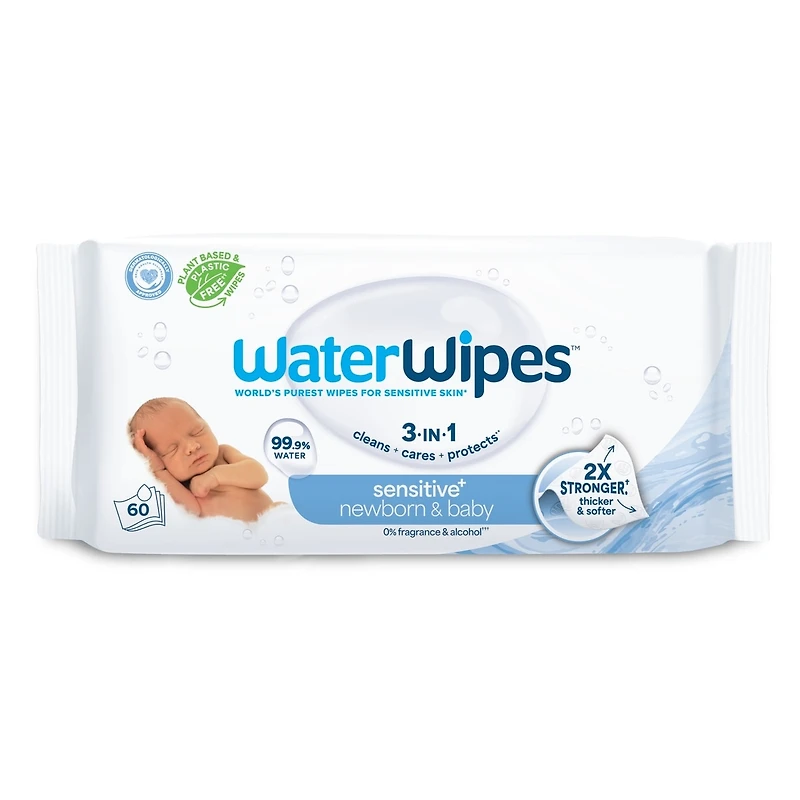 Sensitive+ Newborn & Baby Wipes, 3-en-1 nettoie, soigne, protège, 99,9 % d'eau, non parfumées, 60 unités (1 paquet)