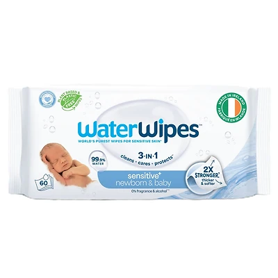 Sensitive+ Newborn & Baby Wipes, 3-In-1 Cleans, Cares, Protects, 99.9% Water, Unscented Hypoallergenic, 60 Count (1 Pack)