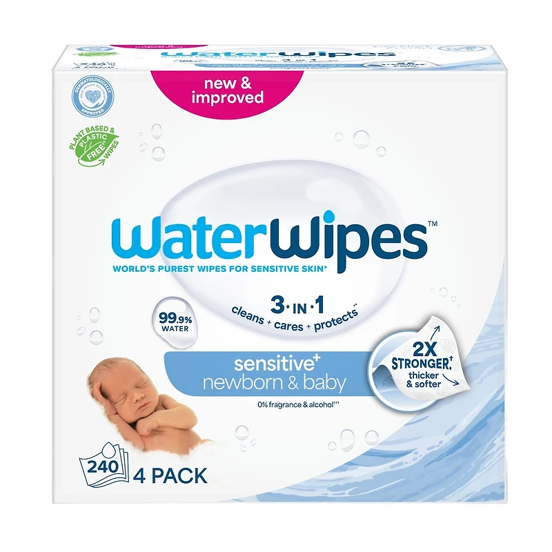 Sensitive+ Newborn & Baby Wipes, 3-en-1 nettoie, soigne, protège, 99,9 % d'eau, non parfumées, 60 unités (1 paquet)