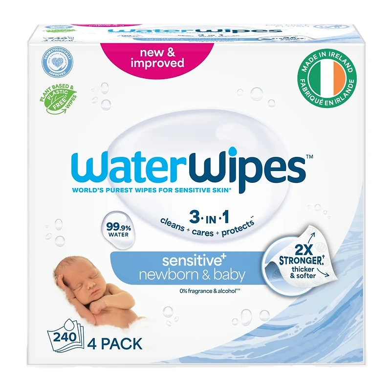 Sensitive+ Newborn & Baby Wipes, 3-In-1 Cleans, Cares, Protects, 99.9% Water, Unscented Hypoallergenic, 60 Count (1 Pack)