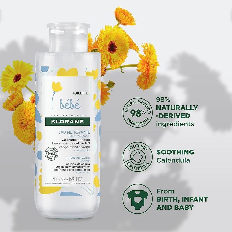 Eau nettoyante sans rinçage - Visage, mains et siège - Bébé