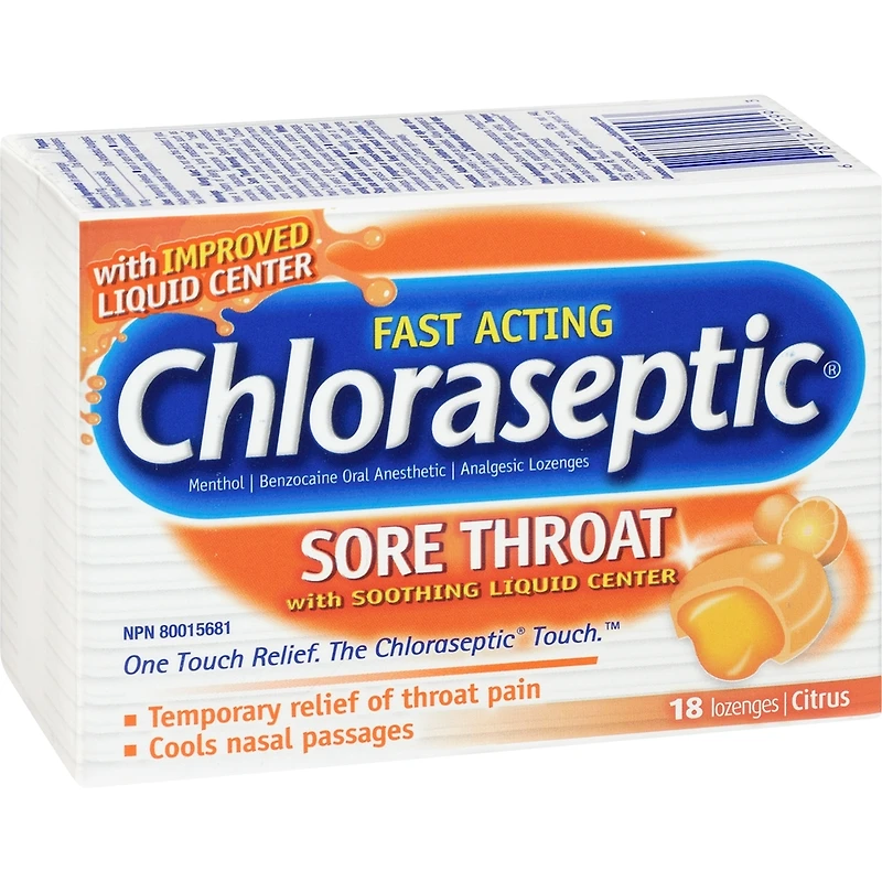 Chloraseptic Mal de Gorge avec centre liquide apaisant Pastilles Agrumes