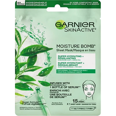 Garnier SkinActive Moisture Bomb Masque de beauté visage hydratant pour peaux normales à mixtes, acide hyaluronique + thé vert