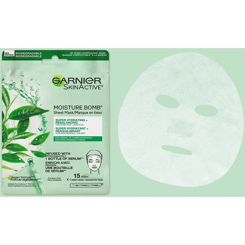 Garnier SkinActive Moisture Bomb Masque de beauté visage hydratant pour peaux normales à mixtes, acide hyaluronique + thé vert