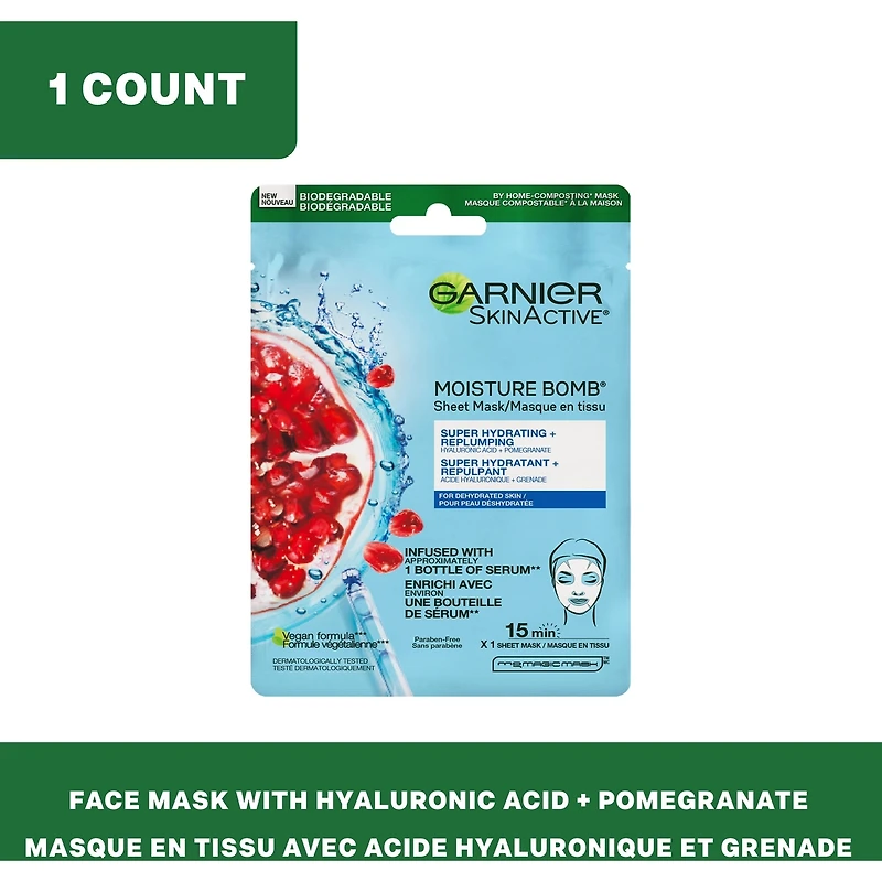 Garnier SkinActive Moisture Bomb Le masque super hydratant, acide hyaluronique +  grenade