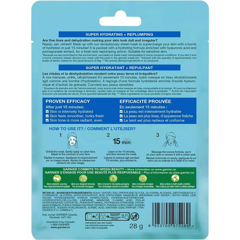 Garnier SkinActive Moisture Bomb Le masque super hydratant, acide hyaluronique +  grenade