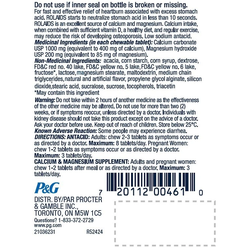 Antiacide Rolaids ultra fort, saveur de fruits, soulagement rapide des brûlures d’estomac, 72comprimés