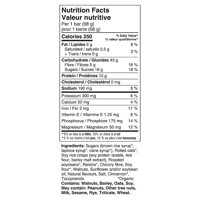 CLIF BAR, barre énergétique - gruau aux raisins secs et noix, 70 % d'ingrédients biologiques, sans arômes artificiels, 68 g (emballage de 12)