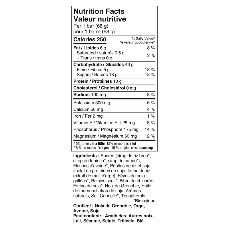 CLIF BAR, barre énergétique - gruau aux raisins secs et noix, 70 % d'ingrédients biologiques, sans arômes artificiels, 68 g (emballage de 12)