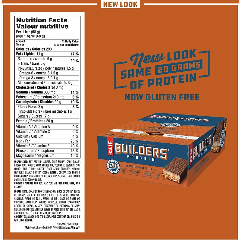 CLIF BUILDERS™  - Protein Bars - Chocolate Peanut Butter Flavour - (68 Gram Non-GMO Bars, 12 Count)