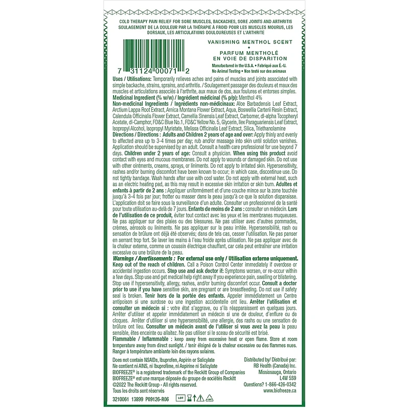 Gel antidouleur au menthol à action rapide Biofreeze