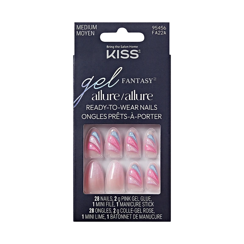 Kiss Gel Fantasy Allure, Fake Nails, Pink, Glide, Almond, Medium, 30 Count