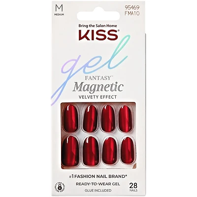 Gel Fantasy Magnetic, Fake Nails, Beatbelles,  Red, Oval, Short, 28 Count