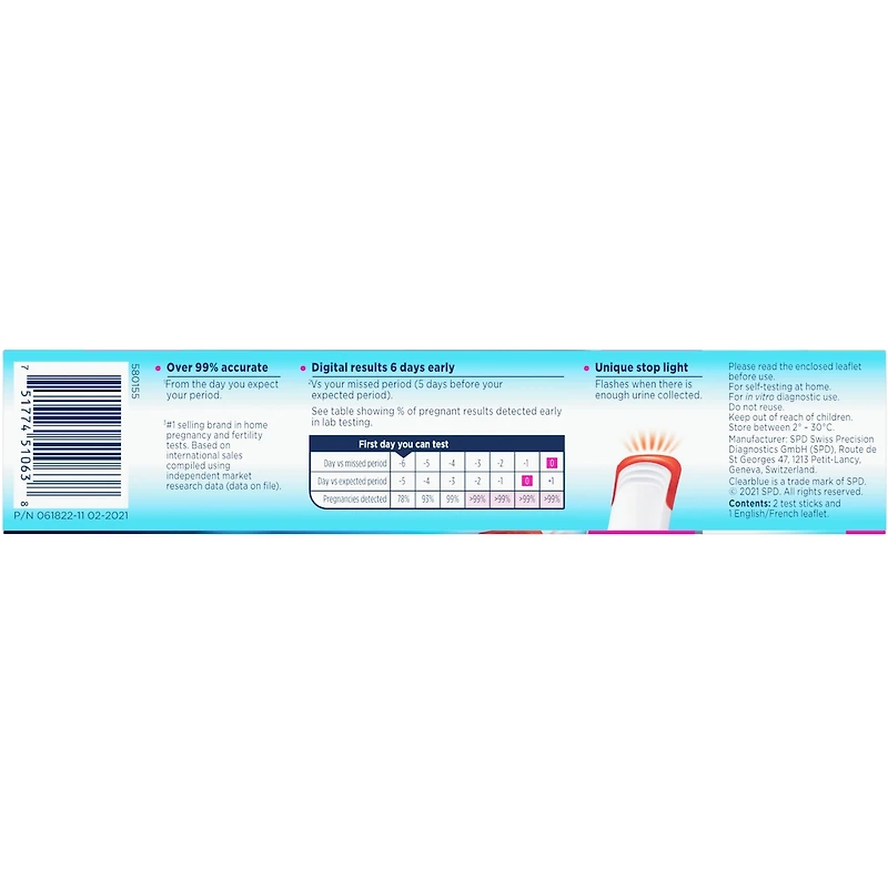Clearblue Digital – Test De Grossesse, Détection Précoce – 2 Unité/Emballage