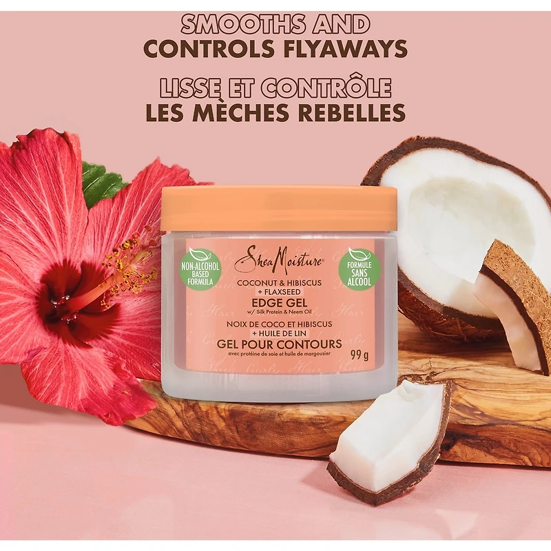 Gel pour Contours gel coiffant sans parabènes noix de coco et hibiscus + huile de lin avec huile de noix de coco, protéine de soie et huile de margousier