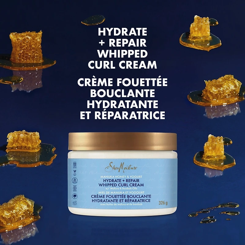 Crème Fouettée Bouclante pour des cheveux hydratés Miel de Manuka et Yogourt avec huiles de mafura et de baobab