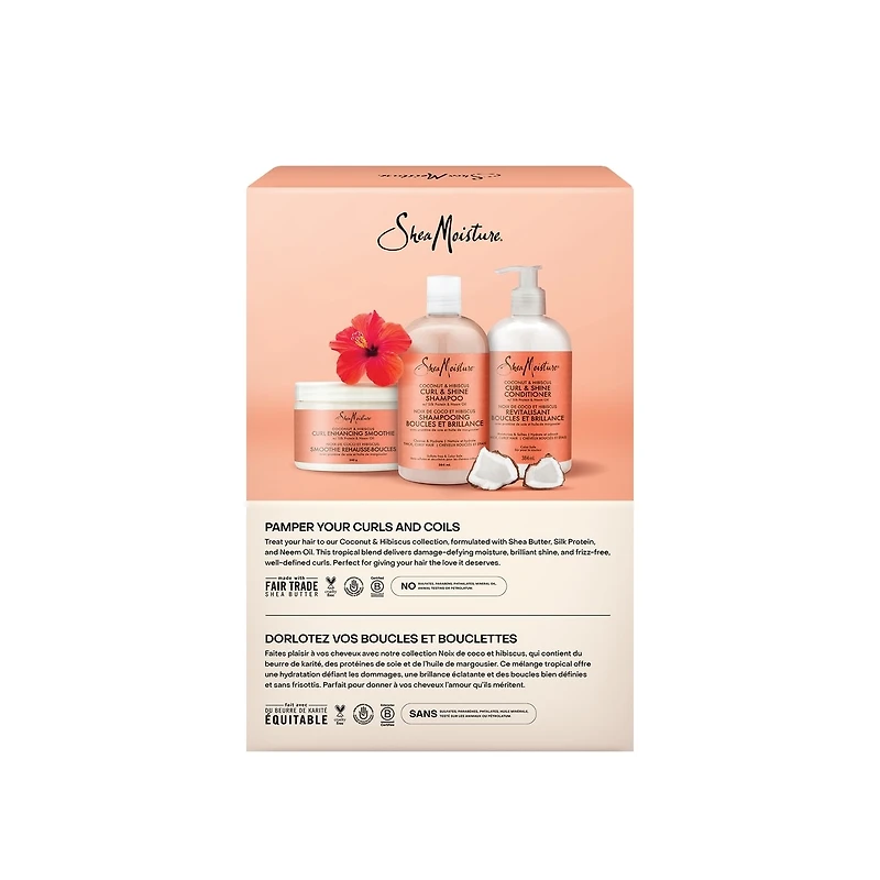 Ensemble-cadeau Définition de Boucles SheaMoisture Noix de Coco et Hibiscus, comprenant : shampooing, revitalisant et smoothie rehausse-boucles Noix de Coco et Hibiscus, ensemble de 3 pièces