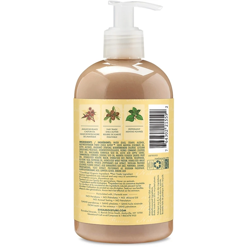 SheaMoisture Huile de Ricin Noire de Jamaïque Revitalisant Fortifiant et Restaurateur pour cheveux endommagés avec beurre de karité, menthe poivrée et vinaigre de cidre de pomme 384 ml