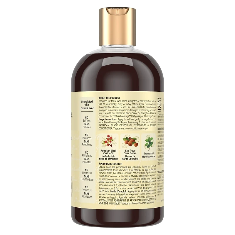 SheaMoisture Huile de Ricin Noire de Jamaïque Shampooing Fortifiant et Restaurateur pour cheveux abîmés avec beurre de karité, menthe poivrée et vinaigre de cidre de pomme nettoie et nourrit 384 ml