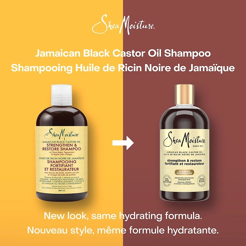 SheaMoisture Huile de Ricin Noire de Jamaïque Shampooing Fortifiant et Restaurateur pour cheveux abîmés avec beurre de karité, menthe poivrée et vinaigre de cidre de pomme nettoie et nourrit 384 ml