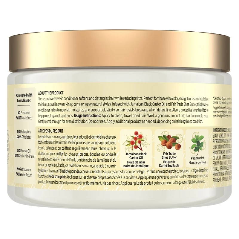 Renforcer et restaurer le revitalisant sans rincé pour les cheveux secs Huile de ricin noire jamaïcaine avec du beurre de karité, de la menthe poivrée et du vinaigre de cidre de pomme 340 ml