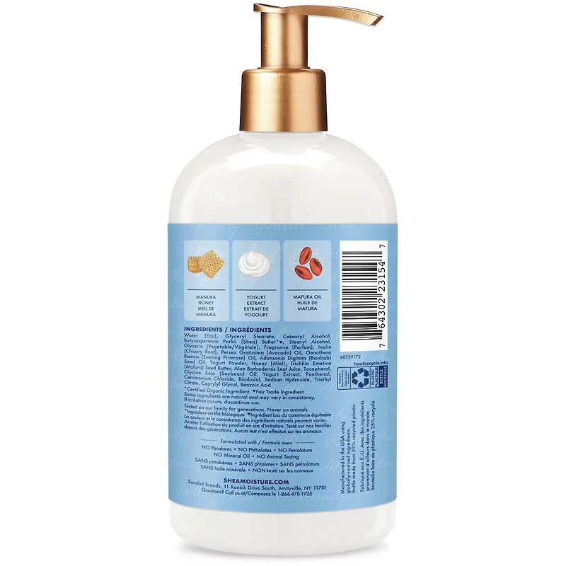 Revitalisant Hydratant et Réparateur SheaMoisture Miel de Manuka et Yogourt pour cheveux bouclés et ondulés endommagés avec huiles de mafura et de baobab 384 ml