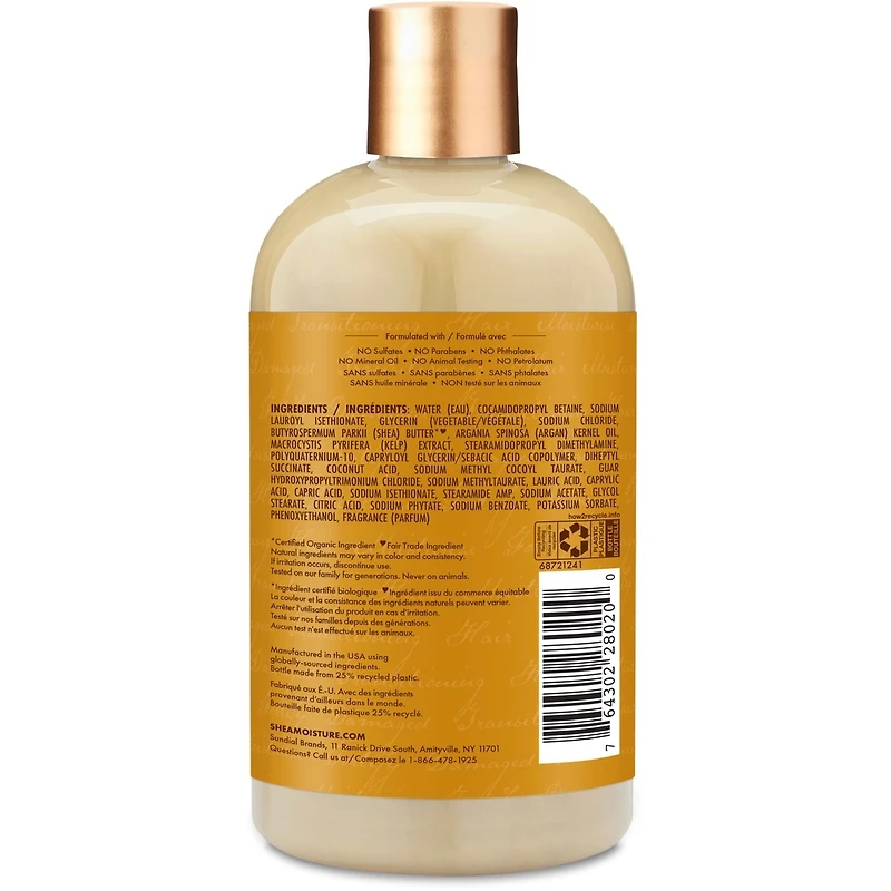 SheaMoisture Beurre de Karité Brut Shampooing Hydratant en Profondeur sans sulfates pour cheveux secs et endommagés avec algues de mer et huile d'argan 384 ml