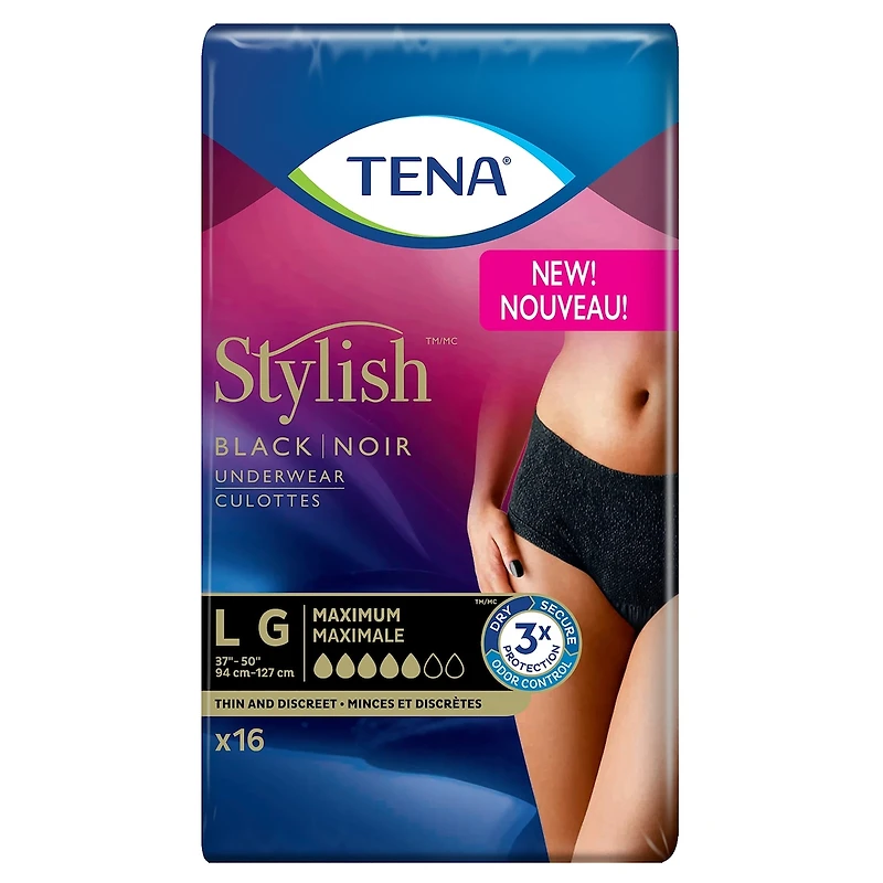 TENA Stylish Black Underwear Maximum Absorbency, Large, 16 Count