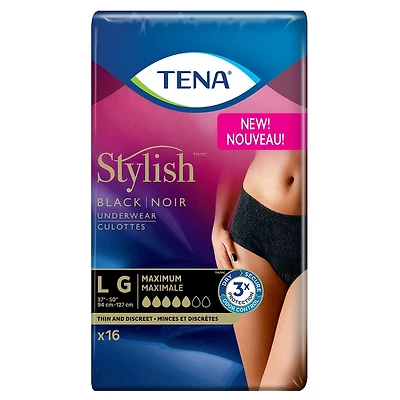 TENA Stylish Black Underwear Maximum Absorbency, Large, 16 Count