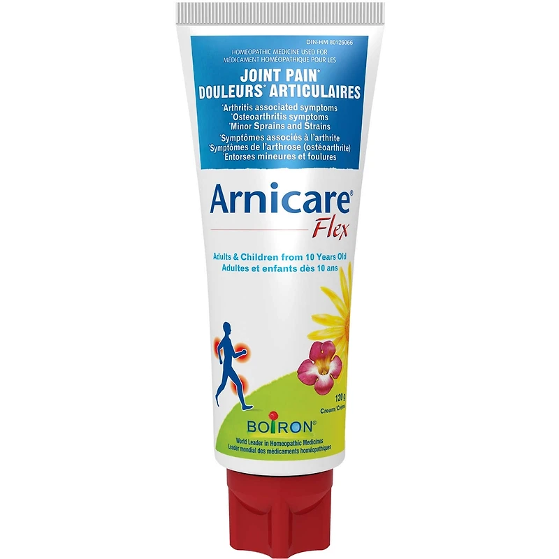 Boiron Arnicare Flex pour les douleurs articulaires, symptômes associés à l'arthrite, symptôme de l'arthrose (ostéoarthrite), entorses mineures et foulures.