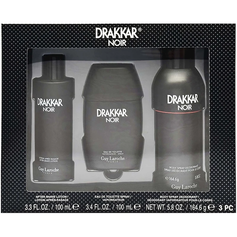 Guy Laroche Drakkar Noir 3PCS Gift Set - 100ML Eau de Toilette + 100ML After Shave Lotion + 164.6G Body Spray Deodorant