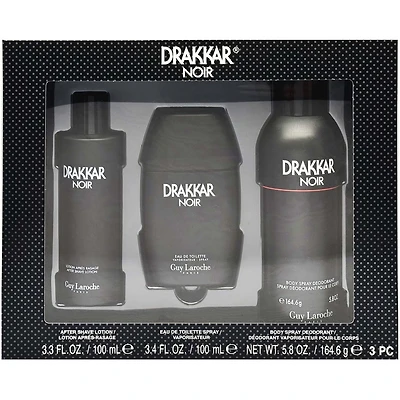Coffret Cadeau Guy Laroche Drakkar Noir 3 Pièces – 100ML Eau de Toilette + 100ML Lotion Après-Rasage + 164,6G Déodorant Vaporisateur pour le Corps