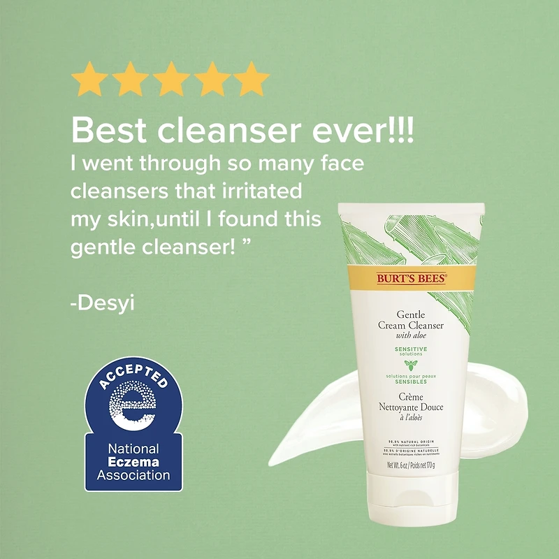 Sensitive Solutions Gentle Facial Cream Cleanser, Daily Face Wash for Sensitive Skin with Aloe, 98.9% Natural Origin, Developed with Dermatologists