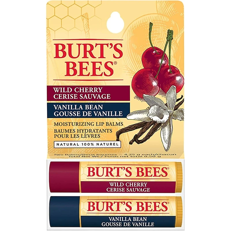 Burt's Bees 100% Natural Origin Moisturizing Lip Balm for Dry Chapped Lips, Get Soft and Hydrated Lips - Pack of 2 - Vanilla Bean & Wild Cherry