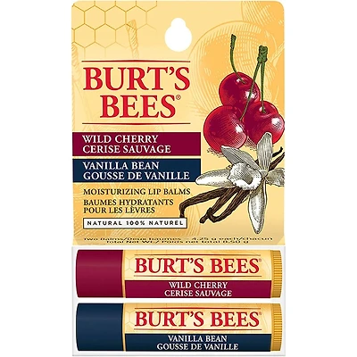 Burt's Bees 100% Natural Origin Moisturizing Lip Balm for Dry Chapped Lips, Get Soft and Hydrated Lips - Pack of 2 - Vanilla Bean & Wild Cherry