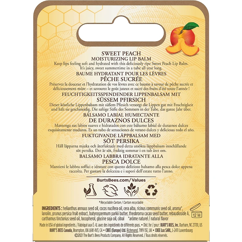 100% Natural Origin Moisturizing Lip Balm, Sweet Peach