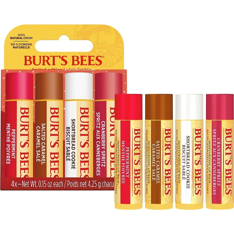 Burt’s Bees® Festive Fix Holiday Gift Set, 100% Natural Origin Moisturizing Lip Balm, Shortbread Cookie, Cranberry Spritz, Salted Caramel and Peppermint, 4 Tubes